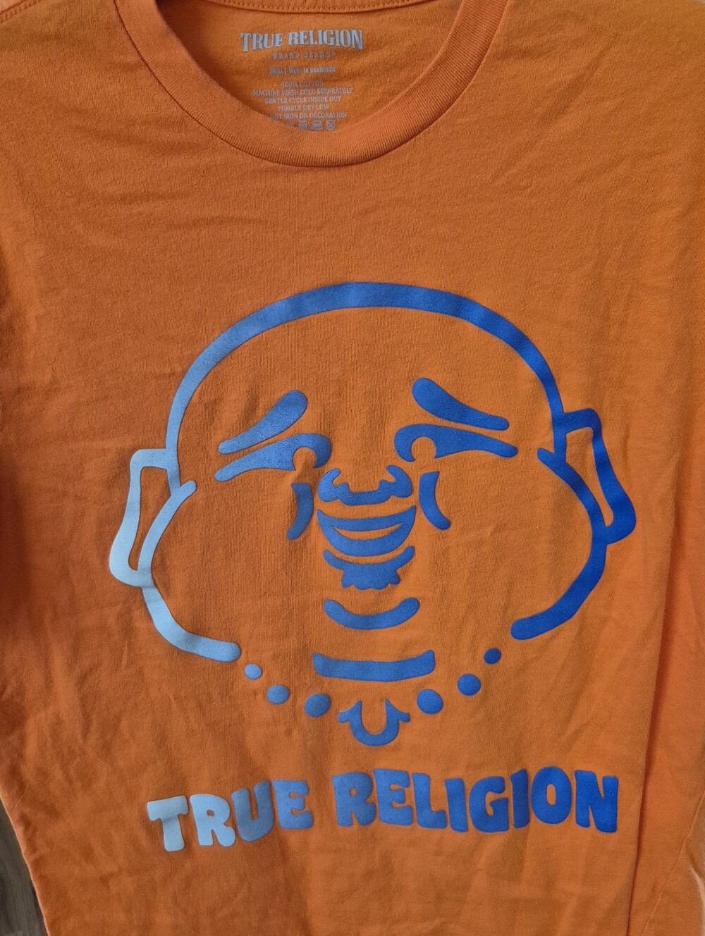True Religion Orange Graphic Tee with Blue Logo
